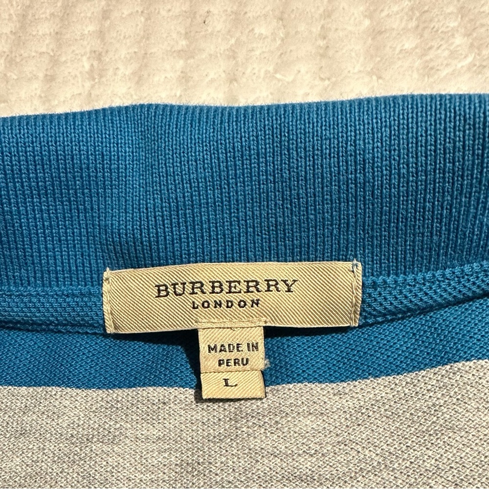 Burberry London Men’s Teal and White Striped Polo Shirt, Size L - Picture 3 of 6